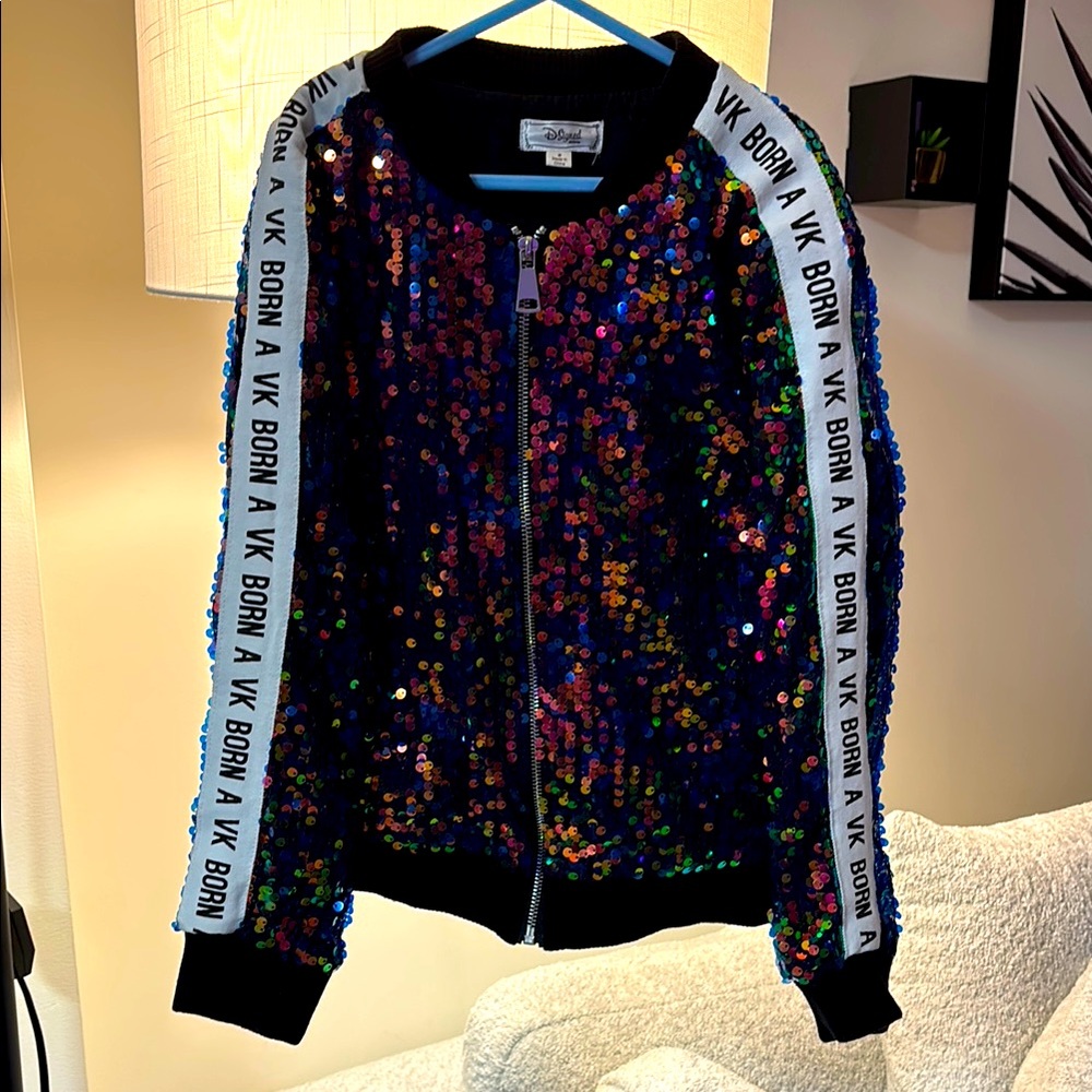 Sequin Bomber Jacket with Logo Stripes